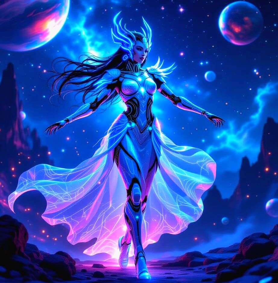 Cyborg Goddess Dancing Among Planets in High Fantasy Style