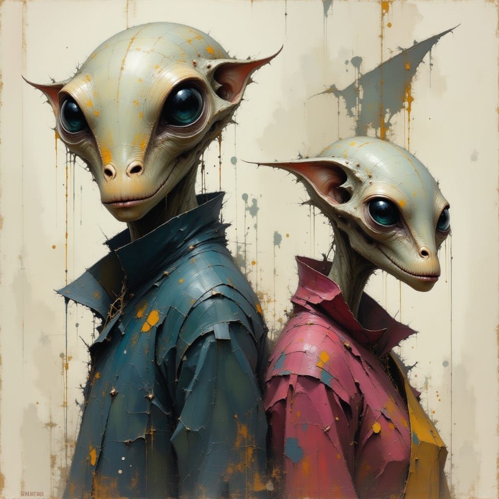 Alien Couple Portrait in Soft Pastel Style