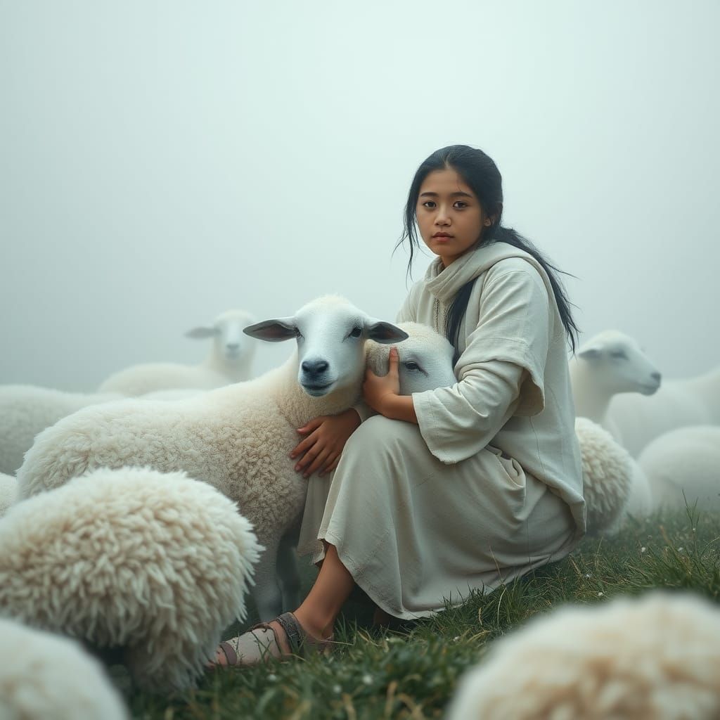 Teenage Shepherd with Sheep in Misty Morning Light