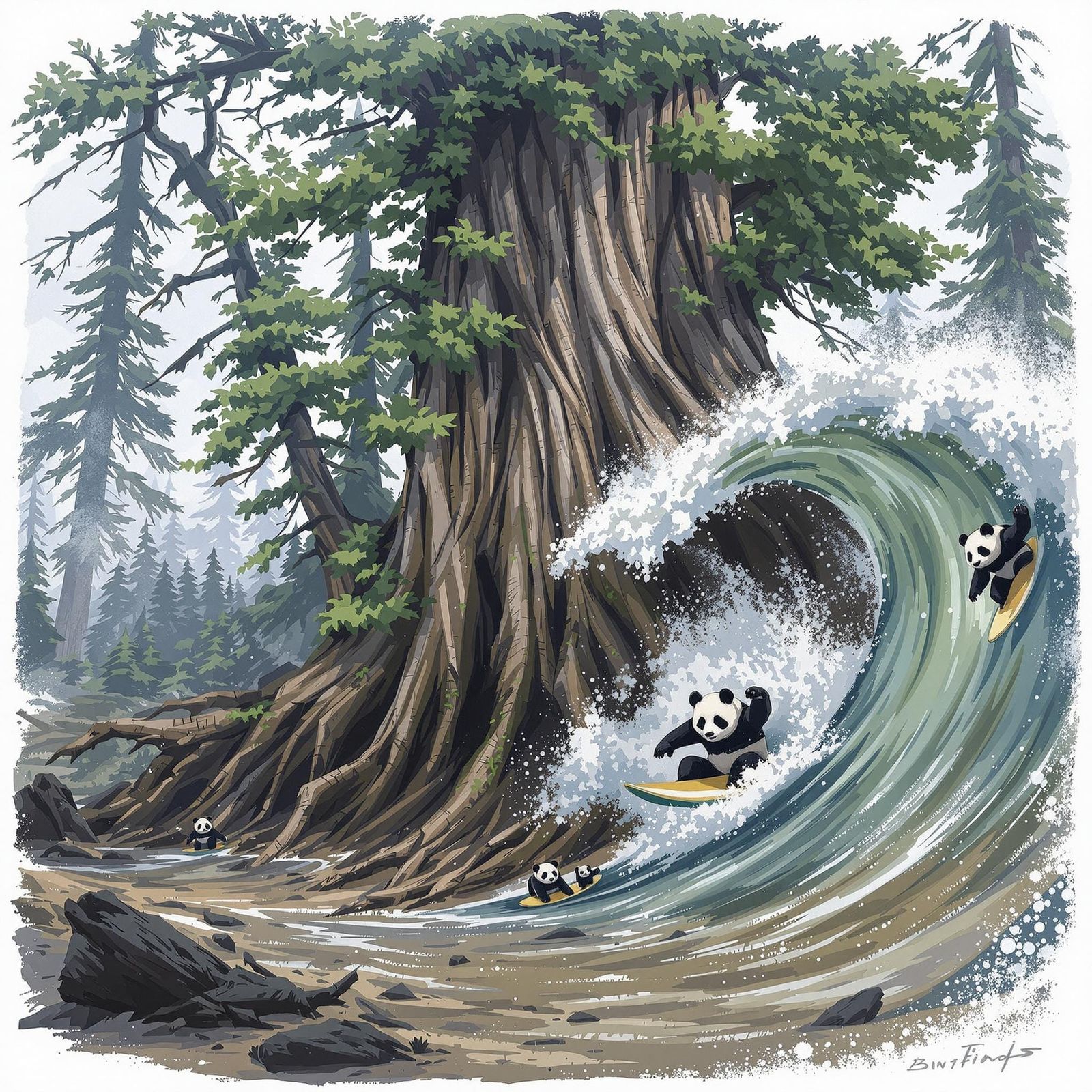Panda Surfing a Mudslide Wave