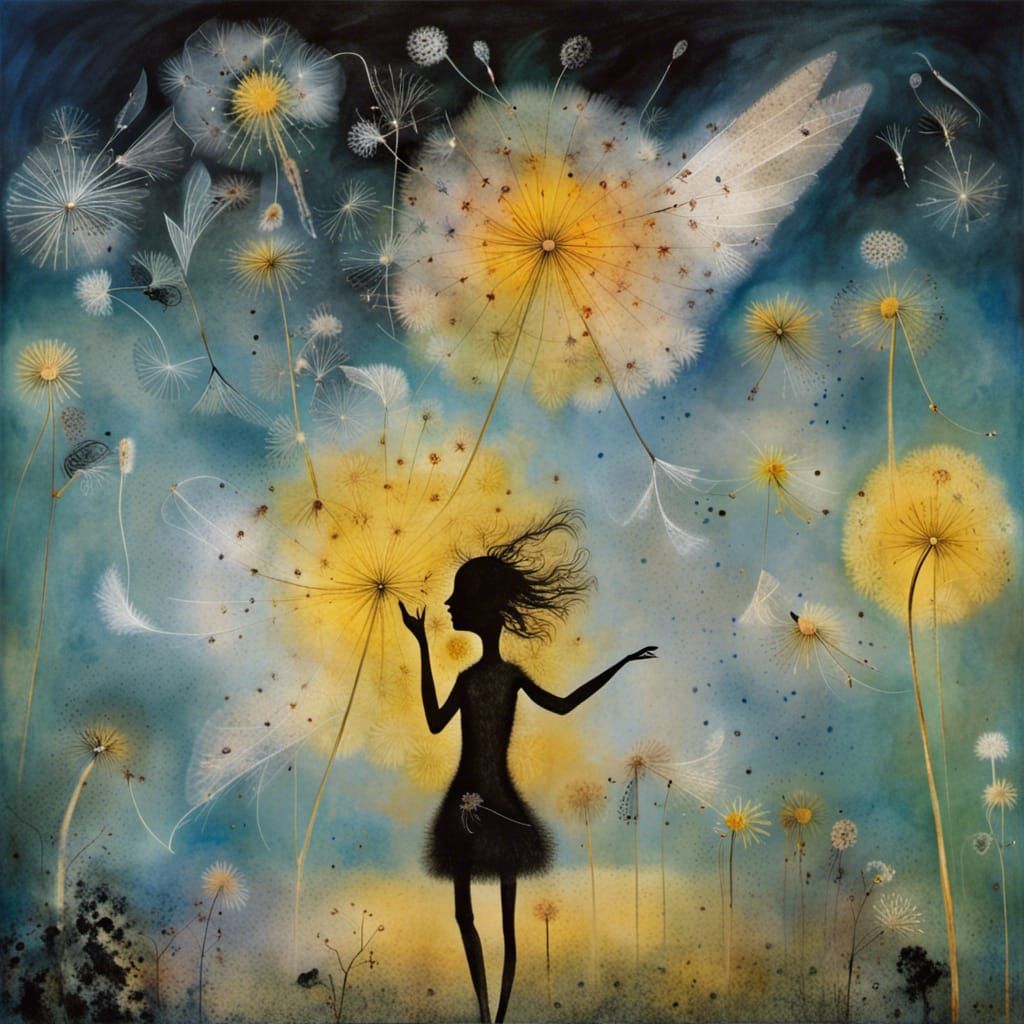 Angels Dancing in Dandelion Dreamscape, Surreal Style
