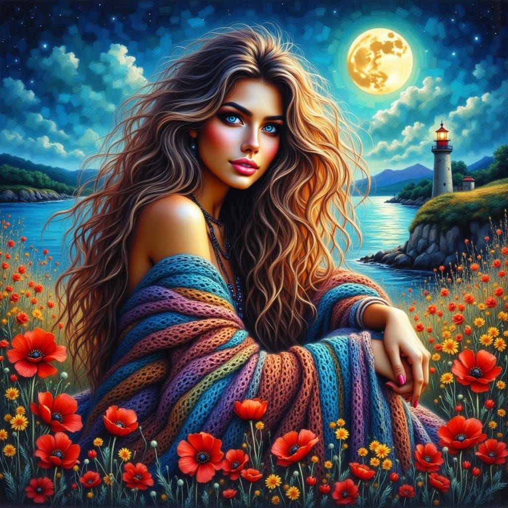 Woman in Poppy Field with Bioluminescent Sea