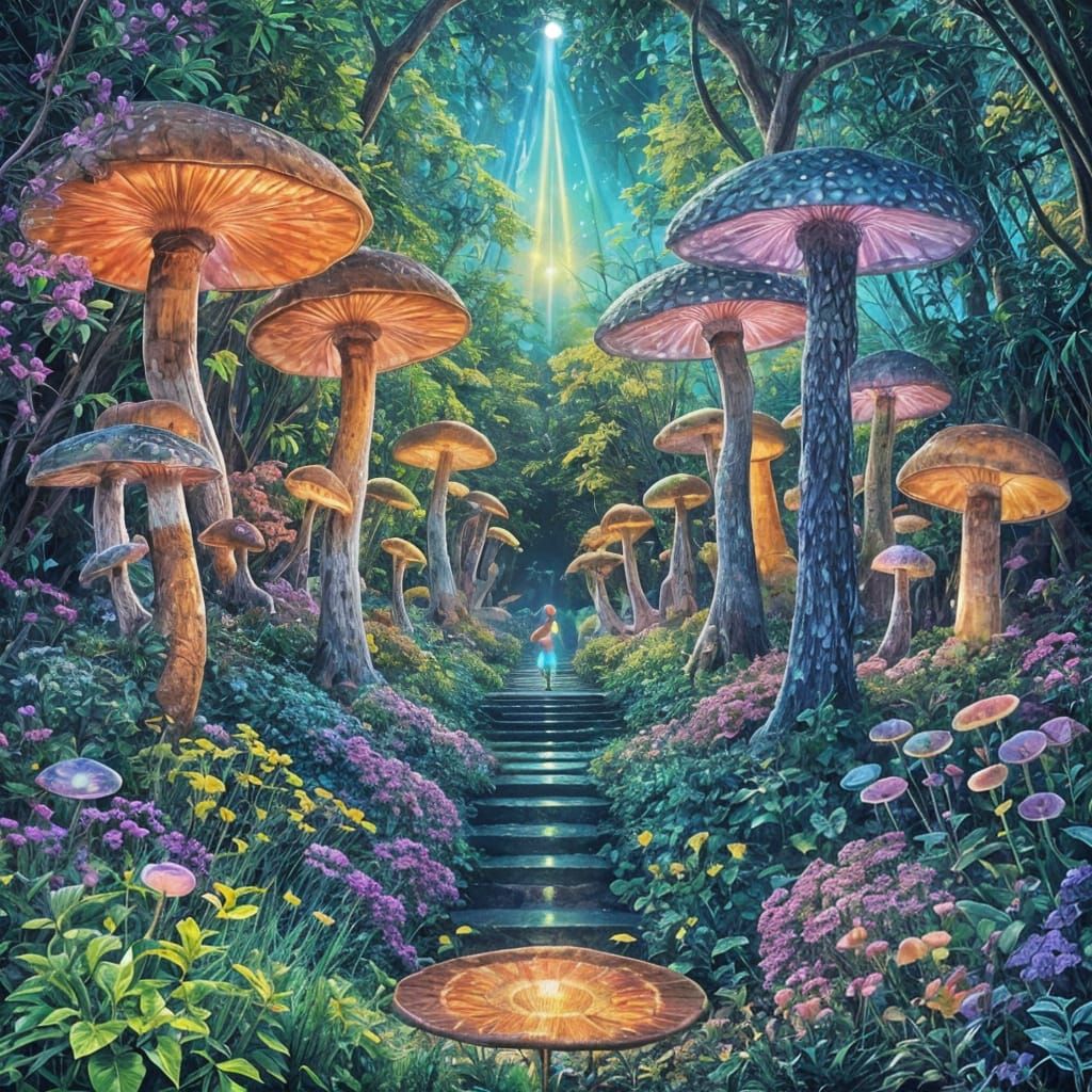 Iridescent Peacock in Glowing Mushroom Garden