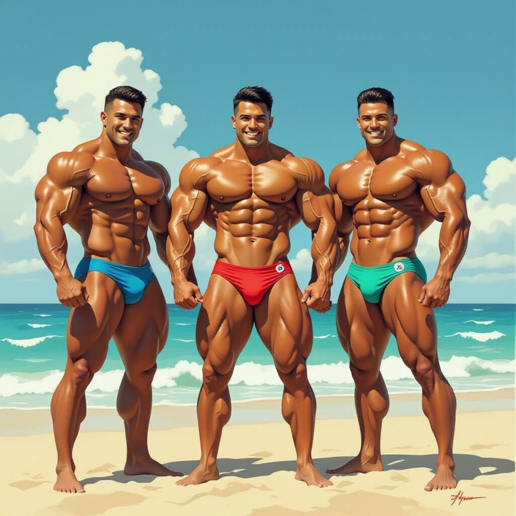 Hispanic Bodybuilders Posing on a Beach as Comic Art
