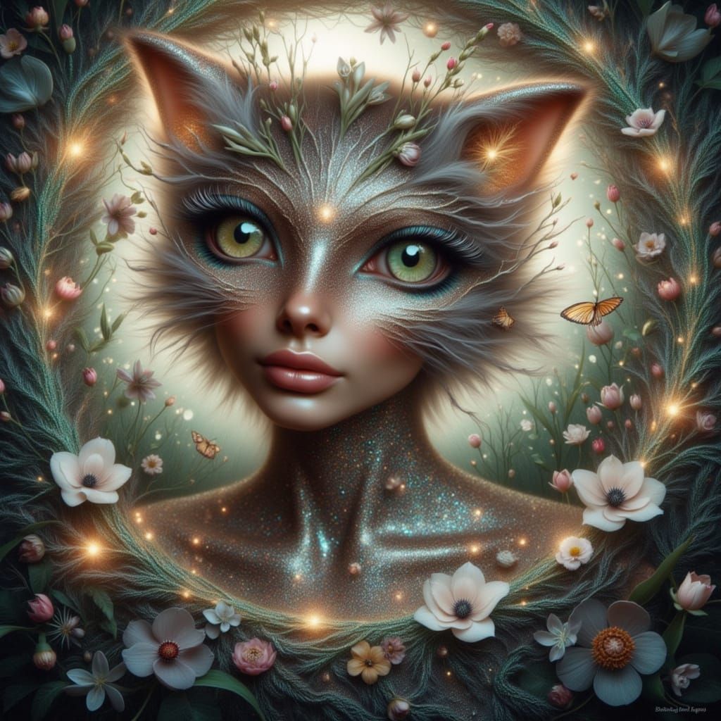 Surreal Cat Portrait with Nature Fusion and Glitter