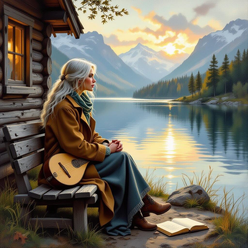 Breton Woman Contemplating Lake by Cabin in Amber Light
