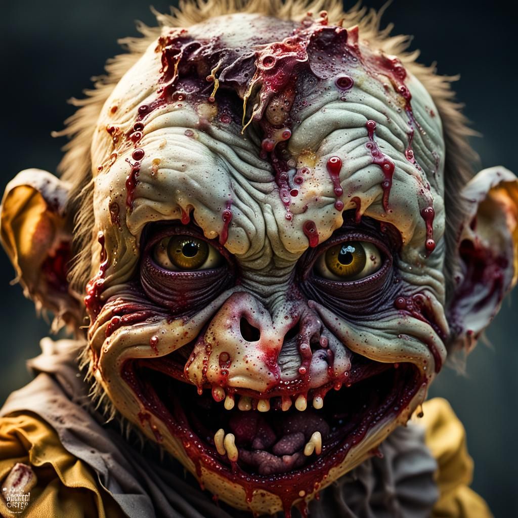 Hyper-Realistic Close-Up of a Zombie Monkey Monster Clown Ba...