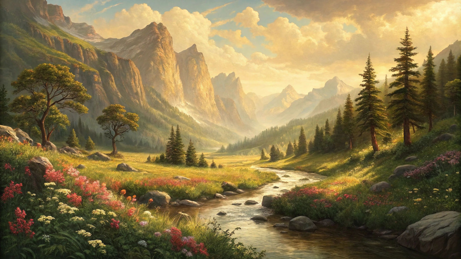 Serene Valley Landscape with Mountains and River