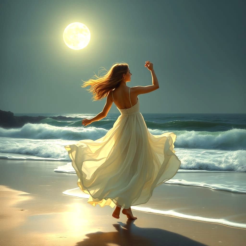 Woman Dancing on Beach in Romantic Realism Style