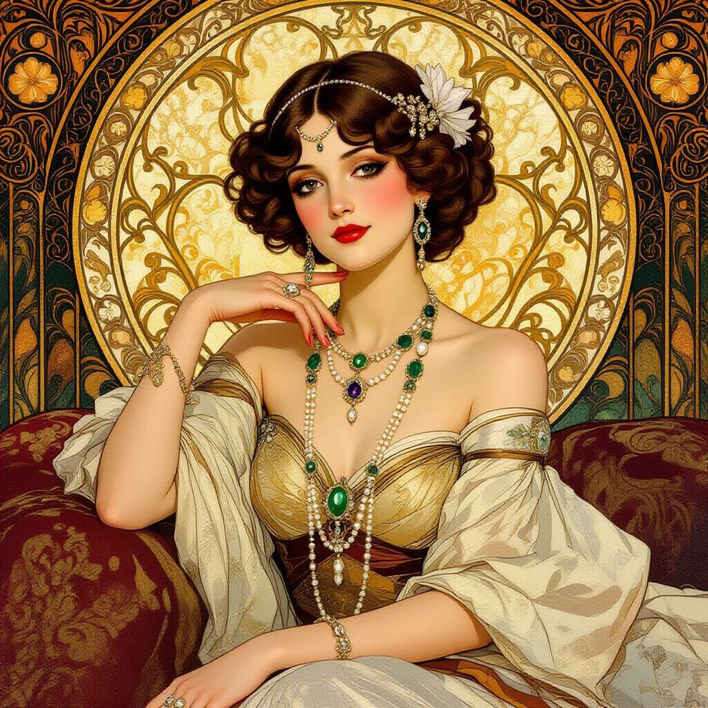 Elegant Woman in Luxurious Art Nouveau Portrait