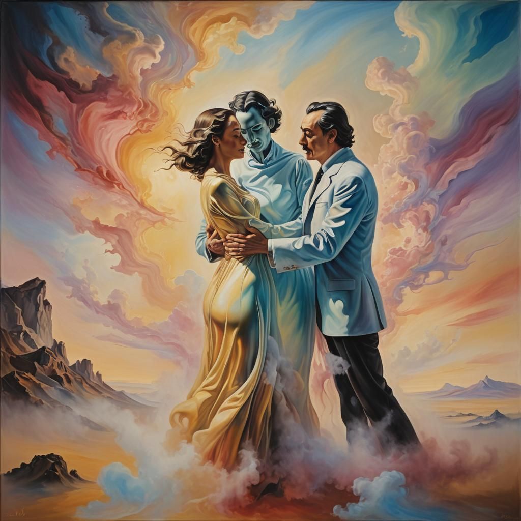 Surreal Embrace in Dreamlike Landscape as Oil Painting