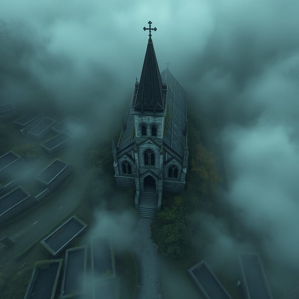Haunted Church Bird's Eye View in Digital Art Style
