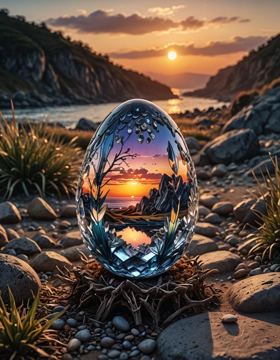crystal egg, sunset scene,