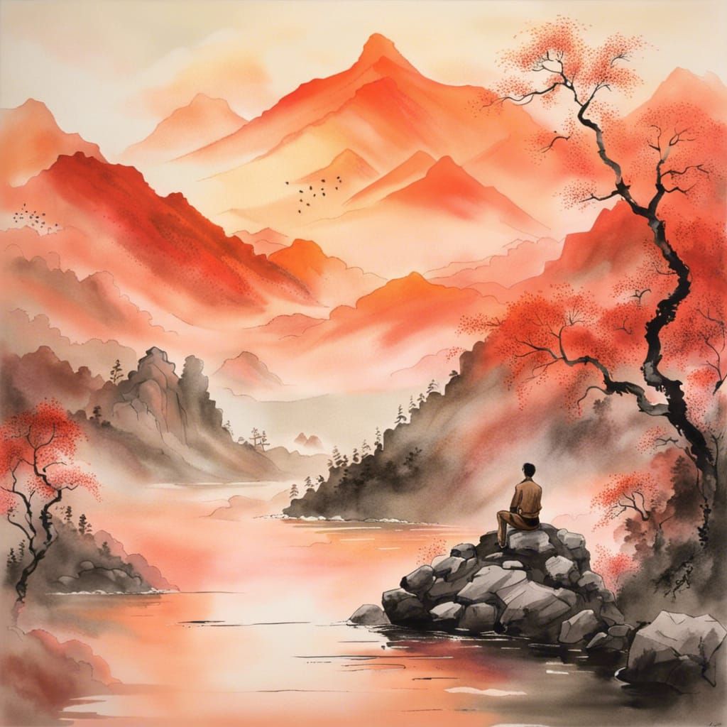 Peaceful Mountains at Sunset in Chinese Ink Style