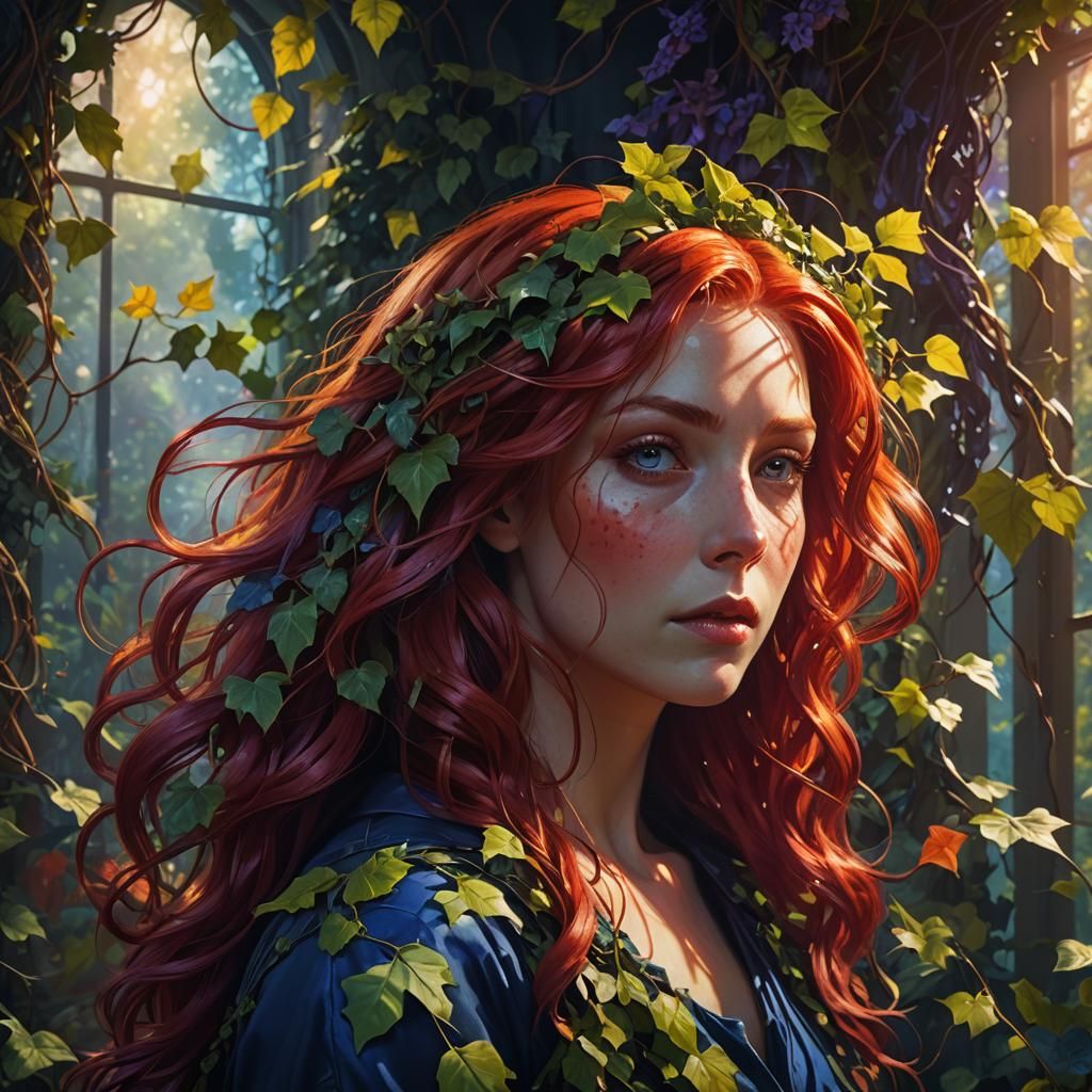 Red-Haired Woman Embraced by Nature: Art Nouveau Oil Paintin...