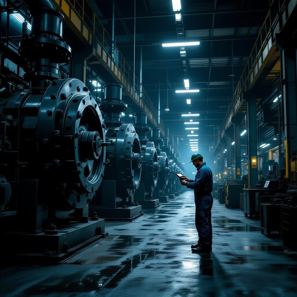 Technician Calibrates Massive Machinery in Dim Factory