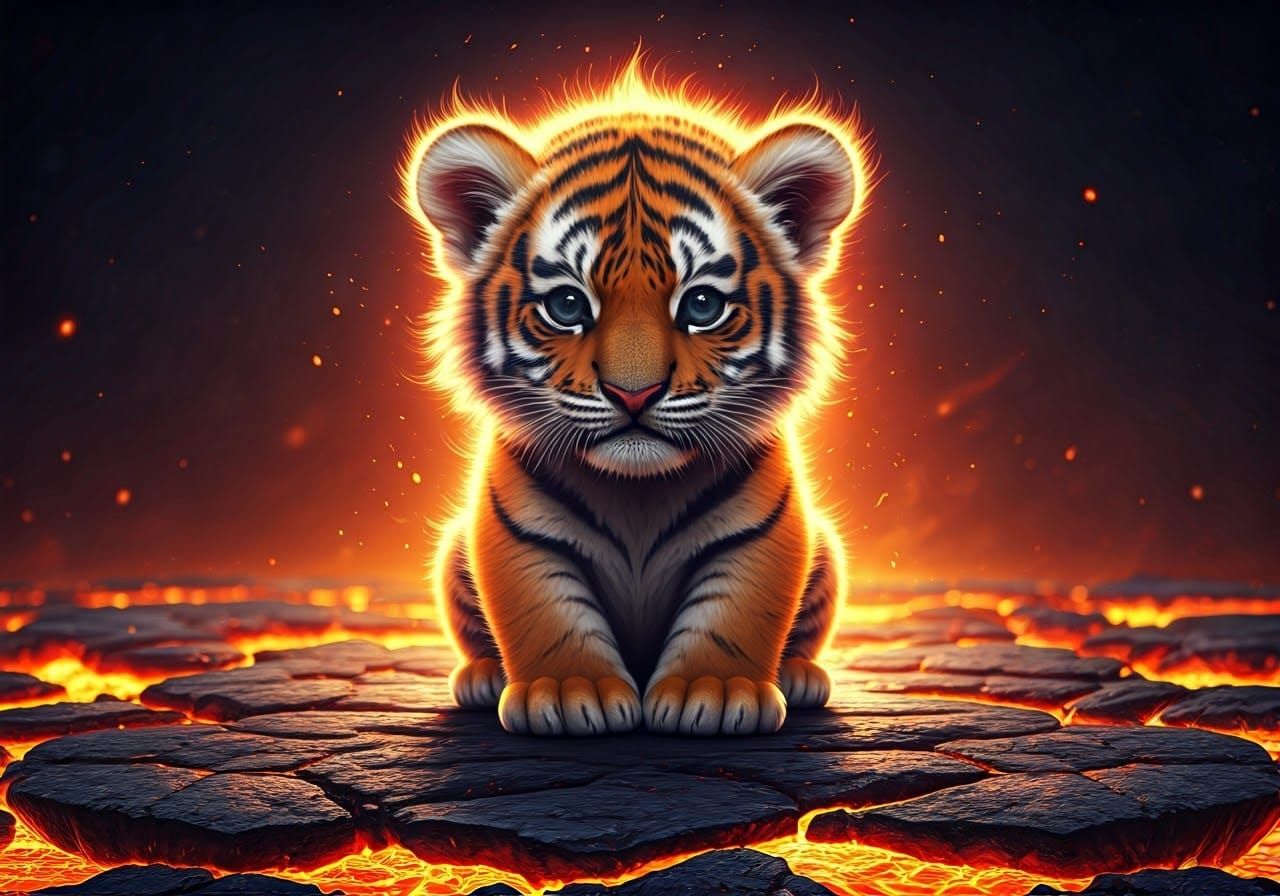 Fiery Tiger Cub Radiating Cosmic Light