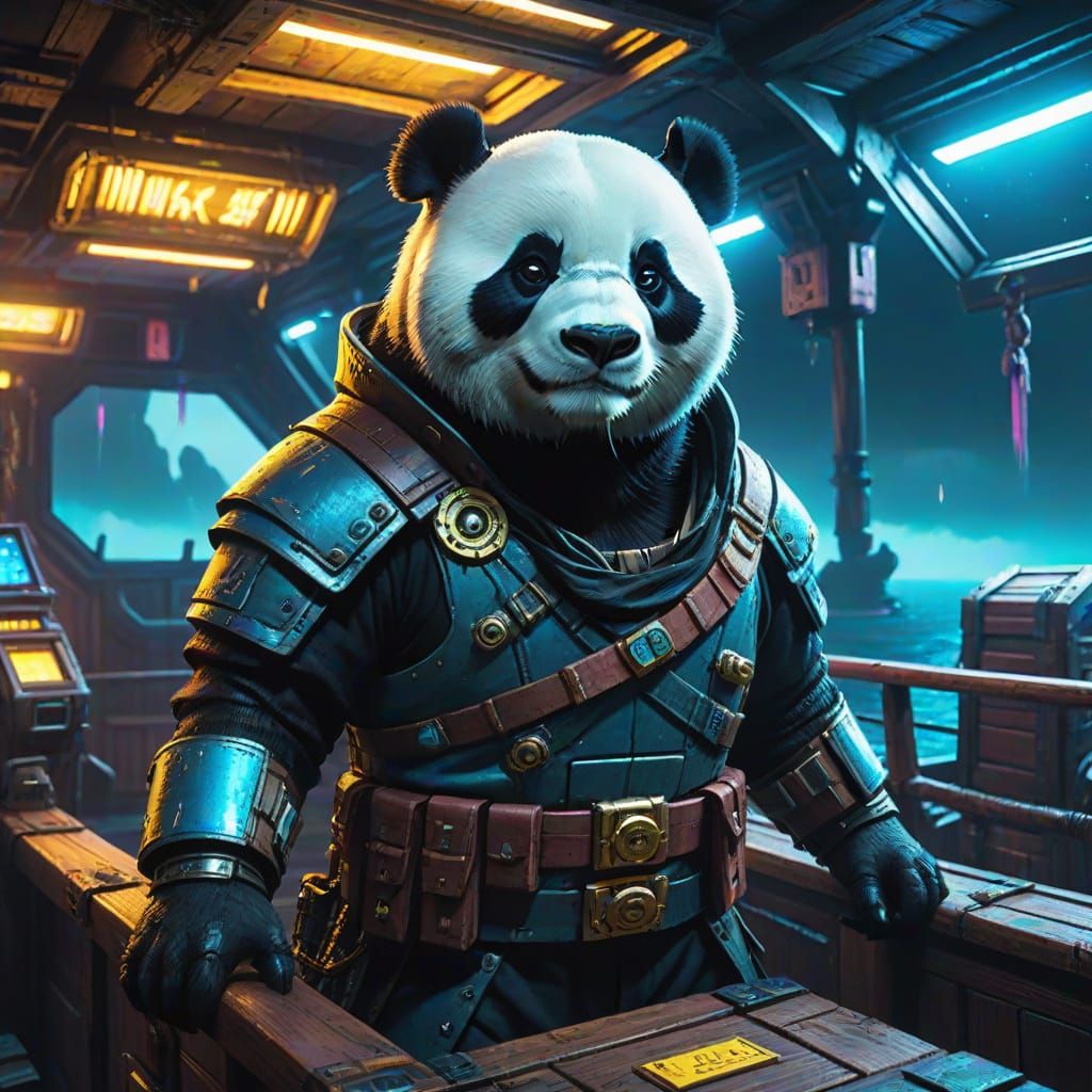 Cyberpunk Panda Pirate on Ship in Neon Noir Style