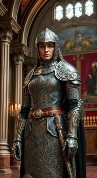 Elegant Female Guard in Medieval Castle Hall
