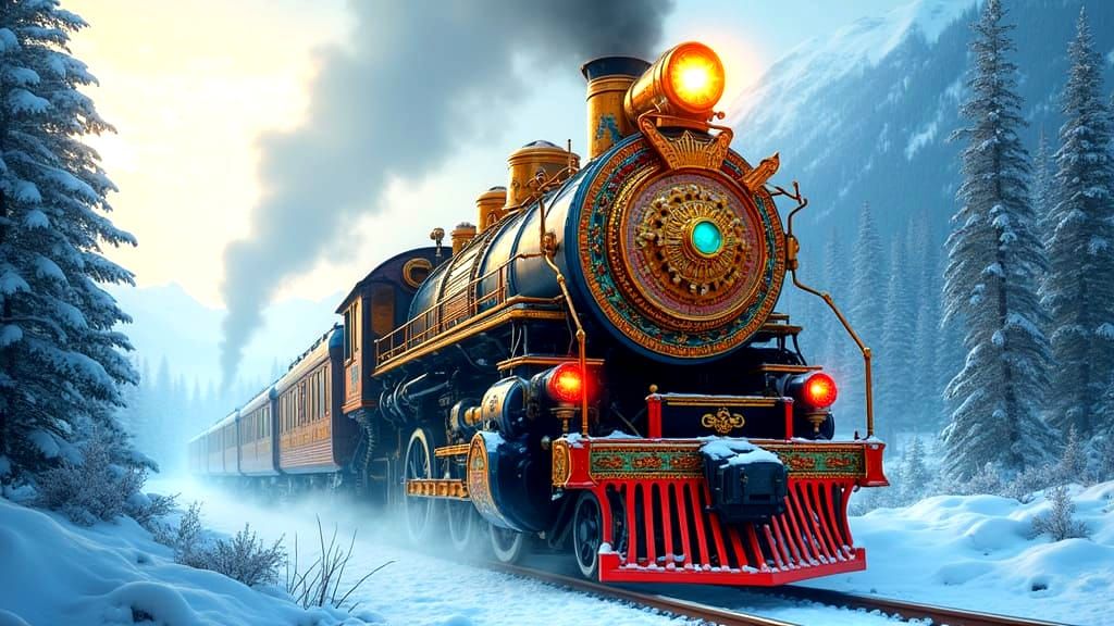 Epic Steampunk Aztec Train in Winter Mountains