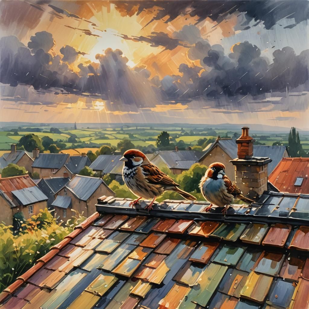 Sparrows in Impressionist Gouache Landscape with Sunlight