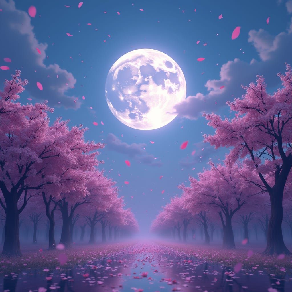 Surreal Cherry Blossom Dreamscape Under a Majestic Full Moon