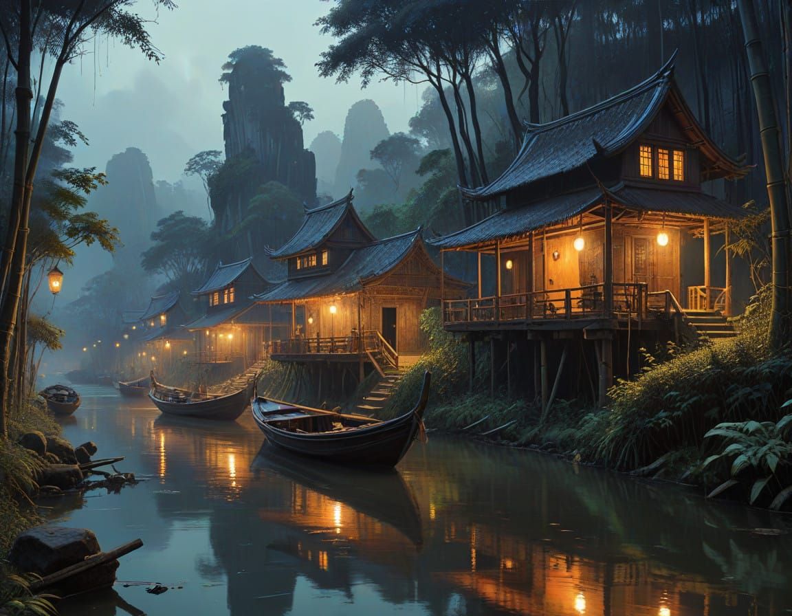 Serene Vietnamese Village Scene with Intricately Carved Wood...