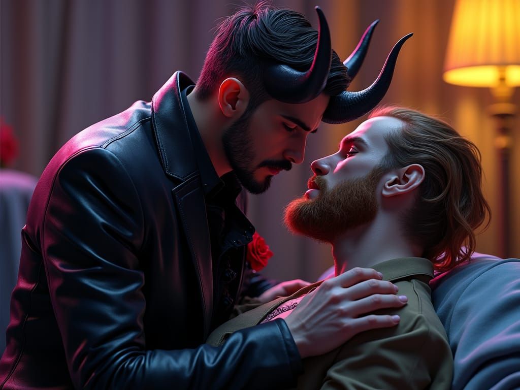 Handsome Devil Kneeling Beside Unconscious Man: 3D Render