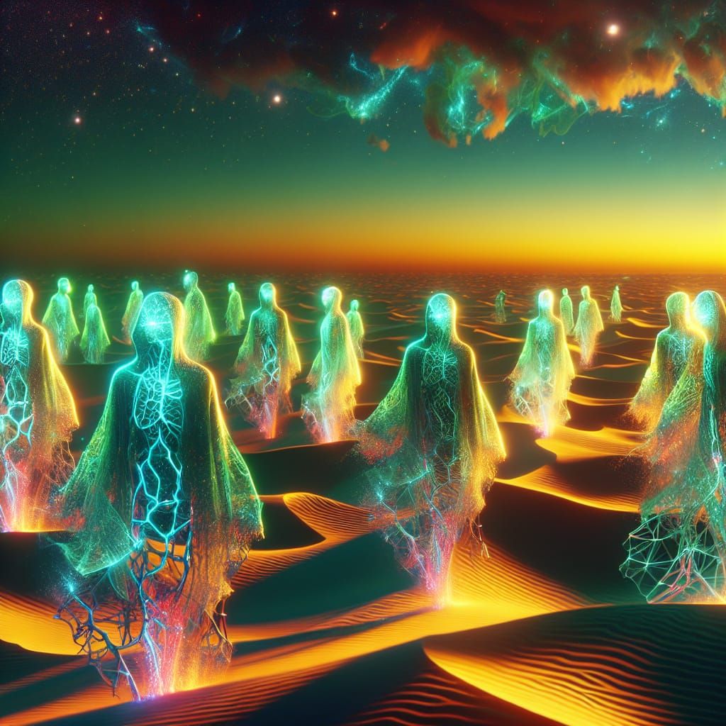 Luminescent Travelers in a Surreal Desert at Dusk