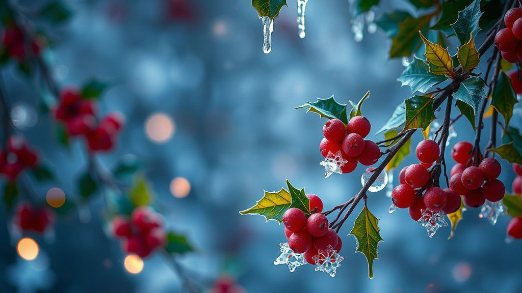 Vibrant Winter Scene with Snowflakes and Holly