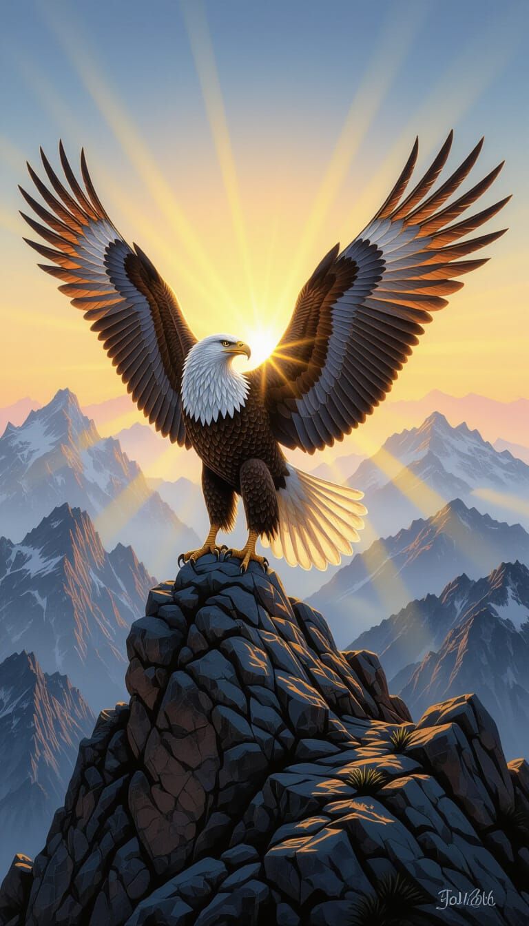 Majestic Griffin on Mountain Peak at Dawn in Black and White