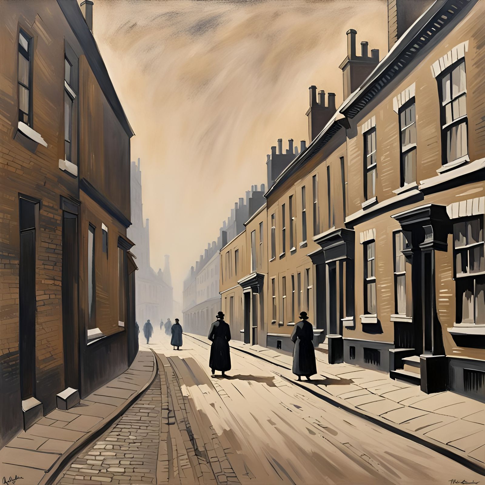 East London Street Scene, Monochromatic Detailed Painting