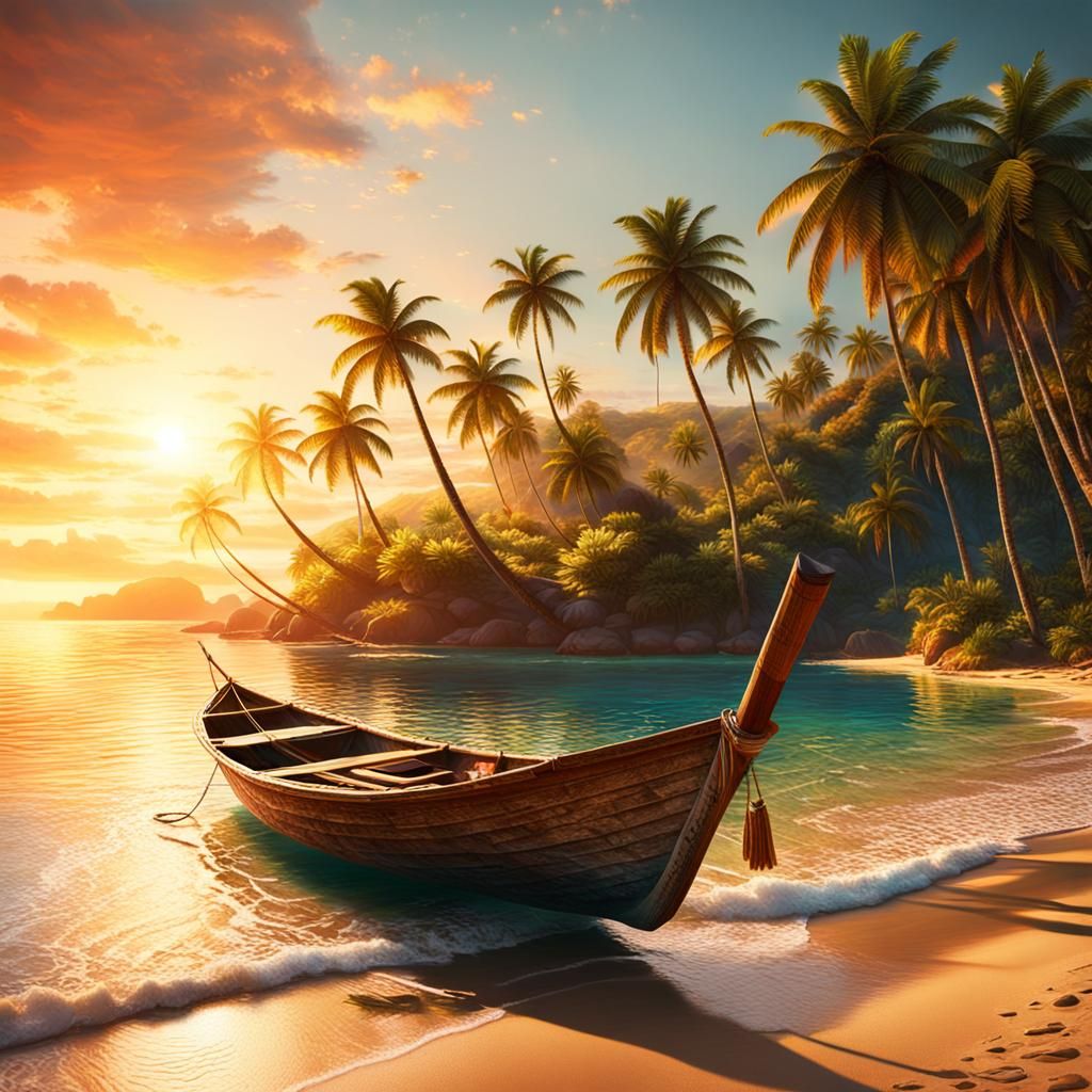 Tropical Beach Scene in Bierstadt Style