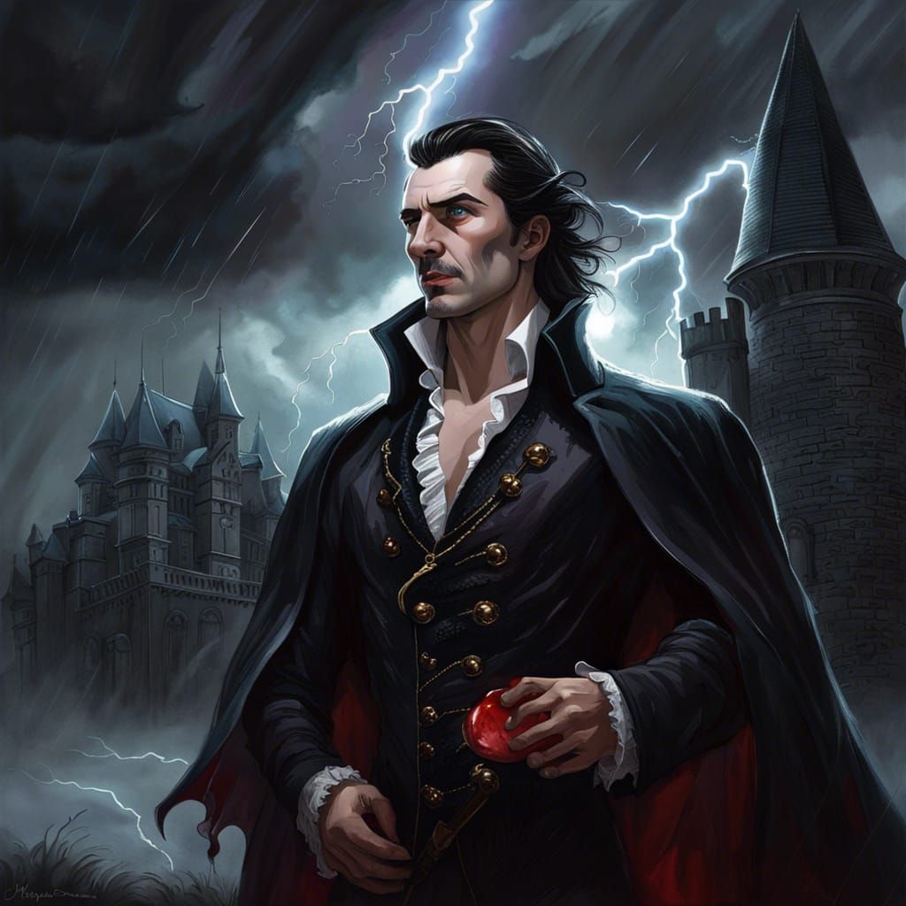 Count Dracula - the prince of darkess outside his castle