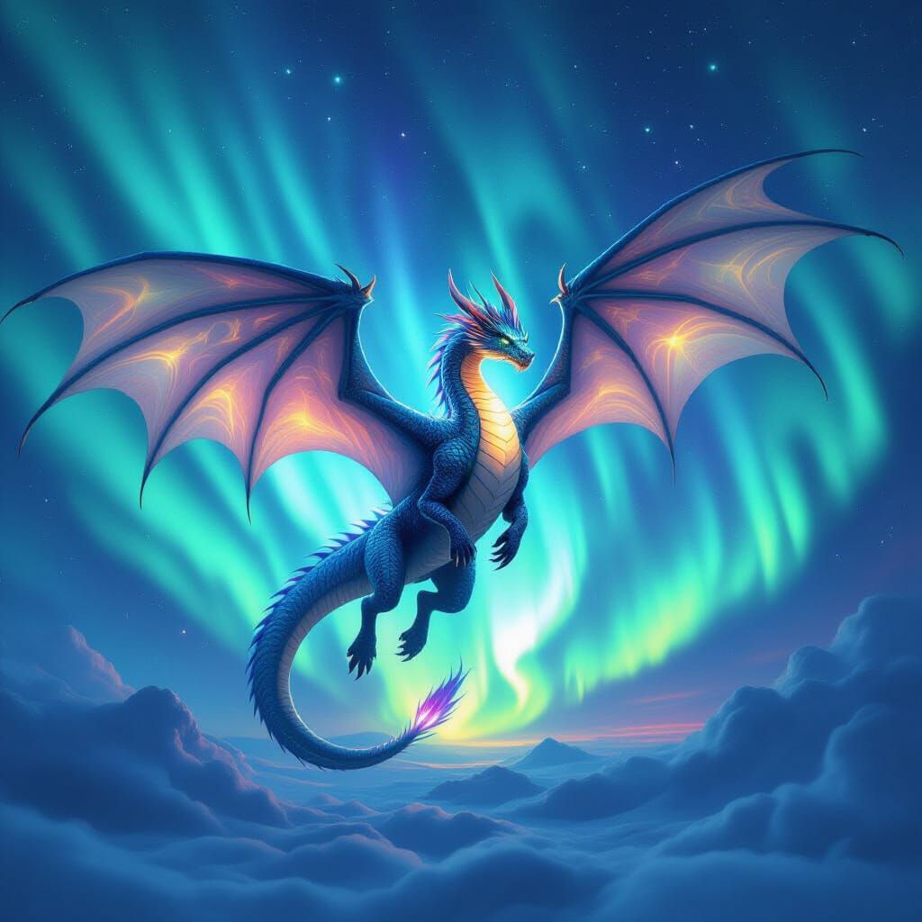 Majestic Dragon Soars Through Cosmic Aurora Borealis