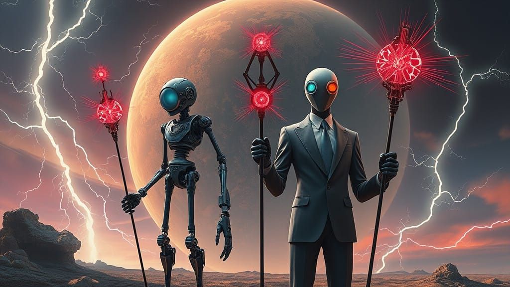 Trurl and Klapauscius thin spindly cybercore robotic mechajuju scepters lasers photorealism organopunk two robots stands...