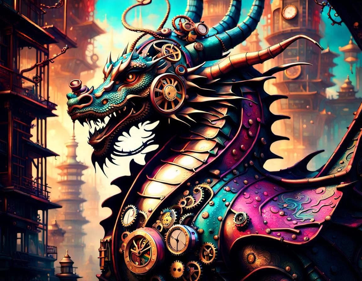 Steampunk Chinese Dragon in Graffiti Art Style