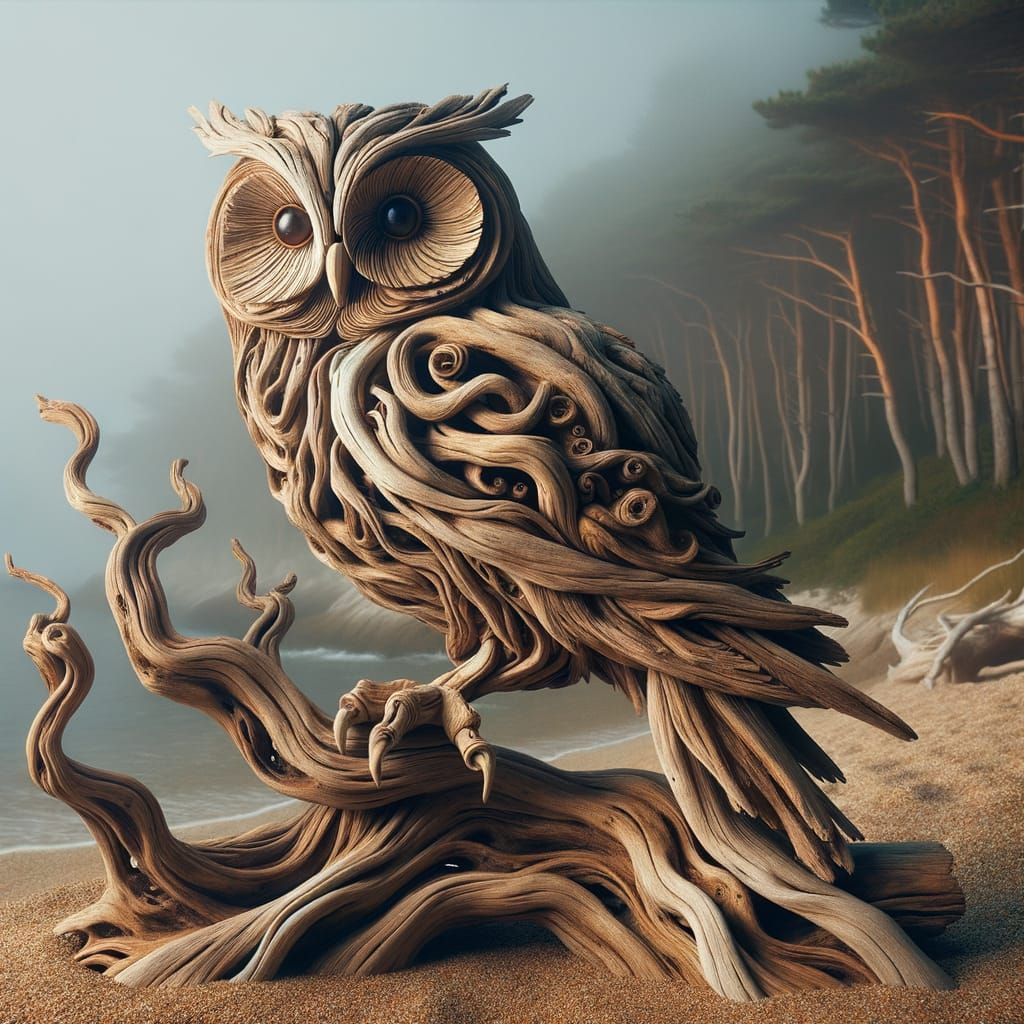 Driftwood Owl Sculpture in Foggy Seaside Forest