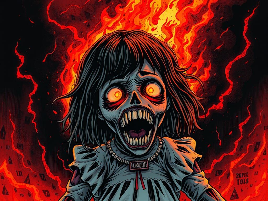 Mysterious Doll-Like Figure Emerges from Fiery Shadows