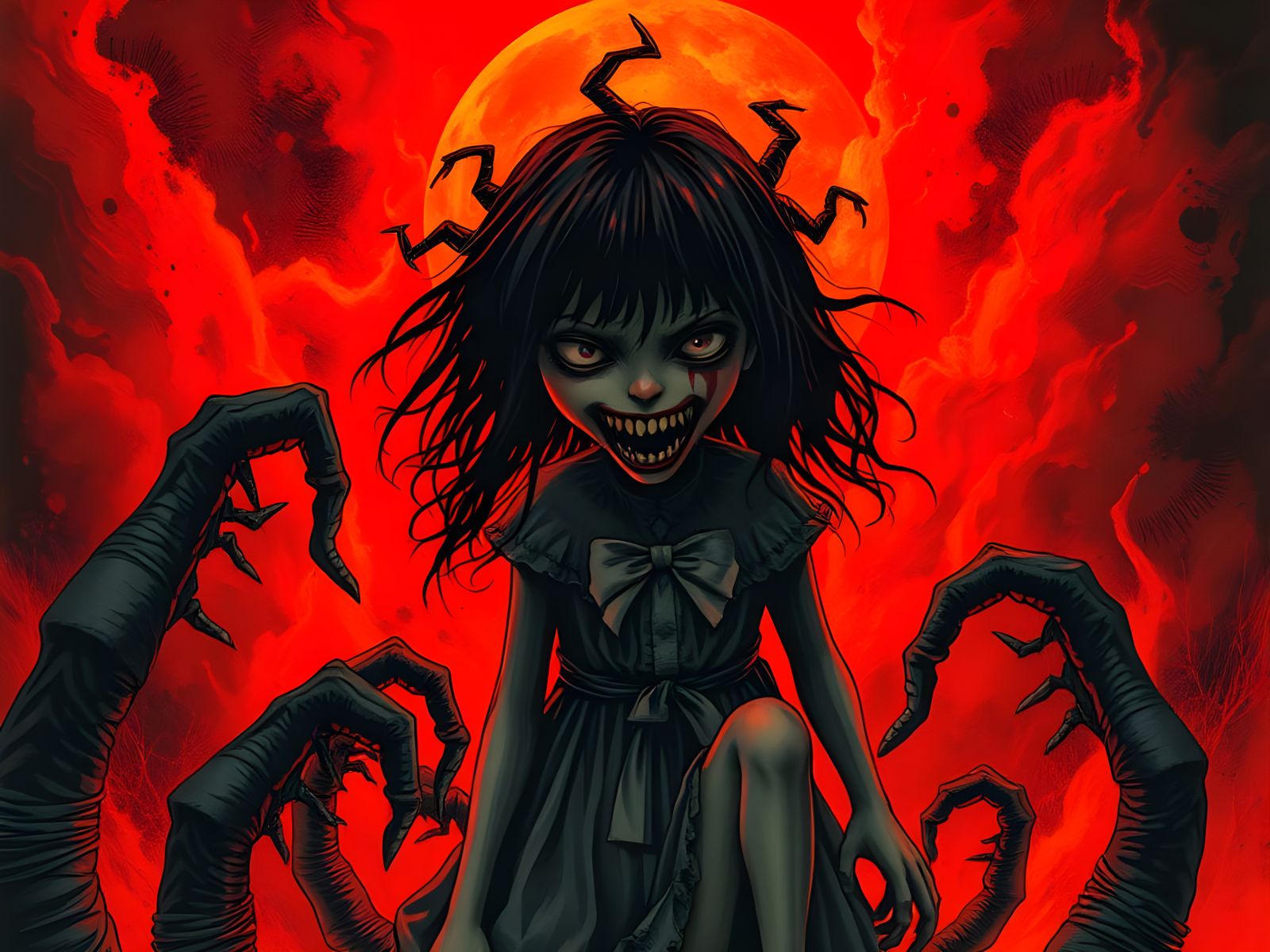 Haunted French Doll Girl in Flames