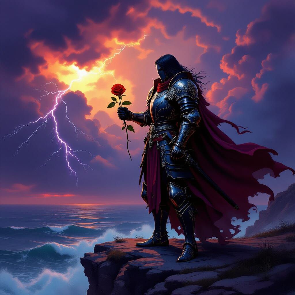 Dark Fantasy Knight with Red Rose on Stormy Cliff