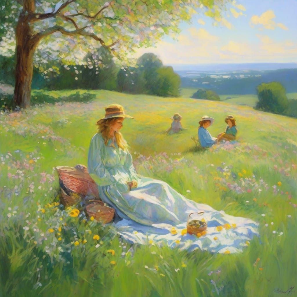 A vibrant picnic blanket spread out in a lush green field, s...