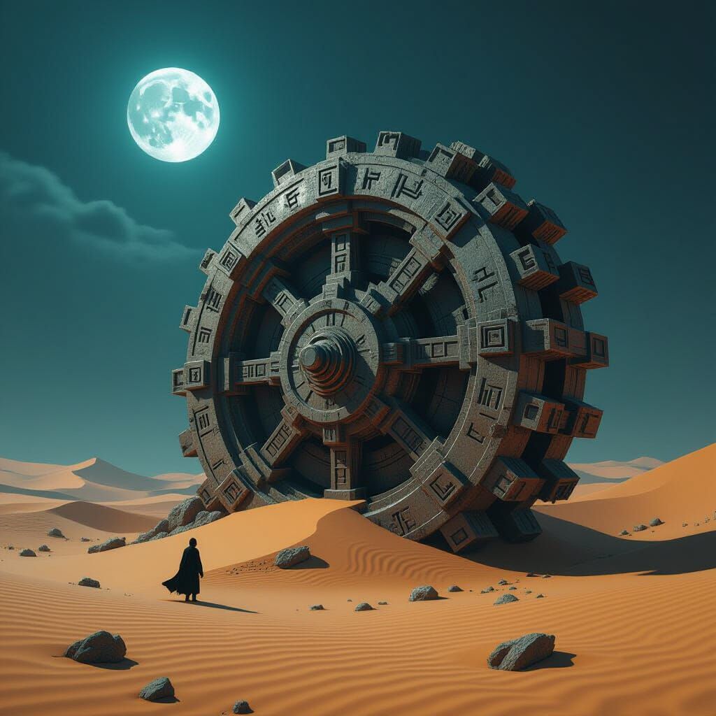 Ancient Stone Mechanism in Desert Under Twin Moons