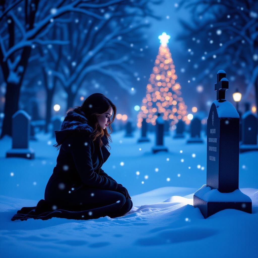 Solemn Woman Kneels in Snowy Cemetery with Christmas Lights