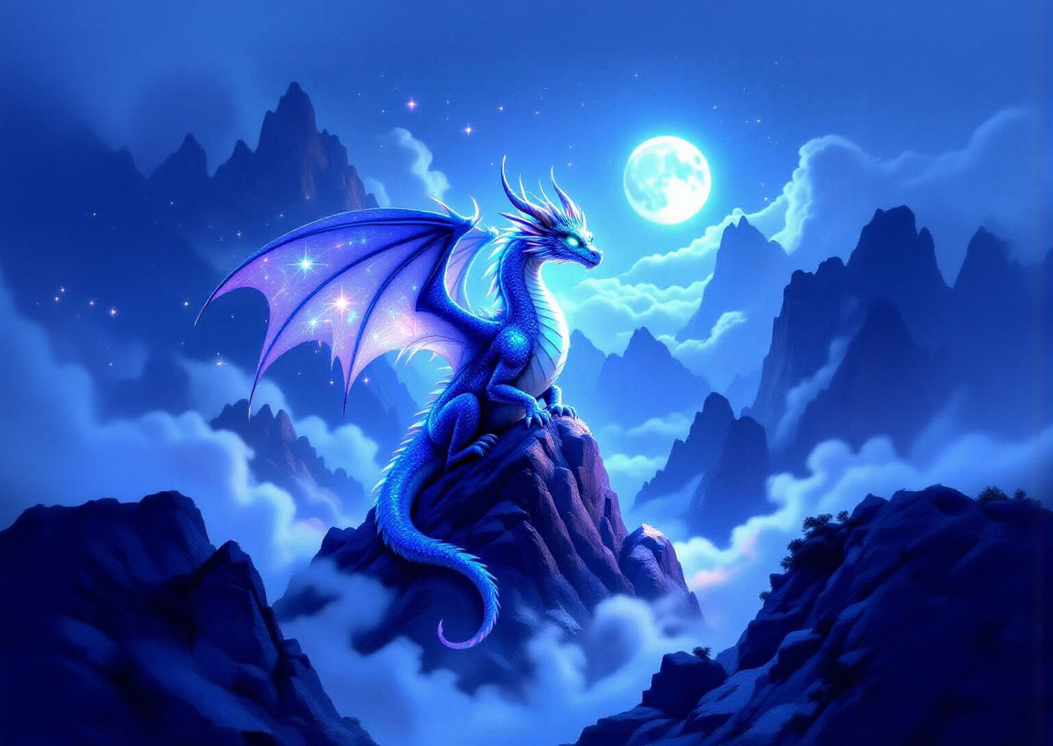 Bioluminescent Dragon atop Amethyst Mountain