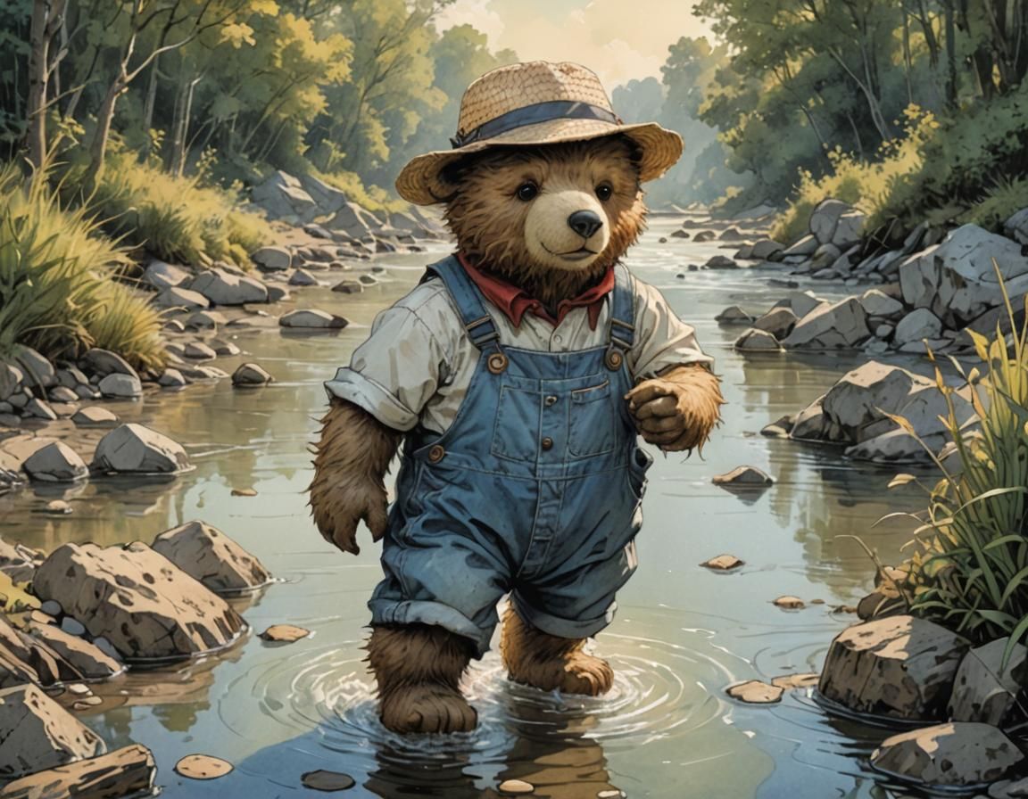 Adventurous Teddy Bear Travels Riverside: Comic Book Art