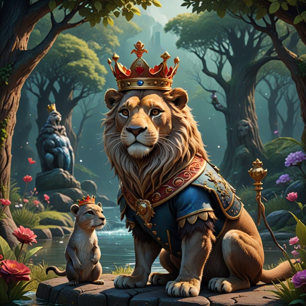Regal Lion Prince Embracing Forbidden Love in Vibrant Fantas...