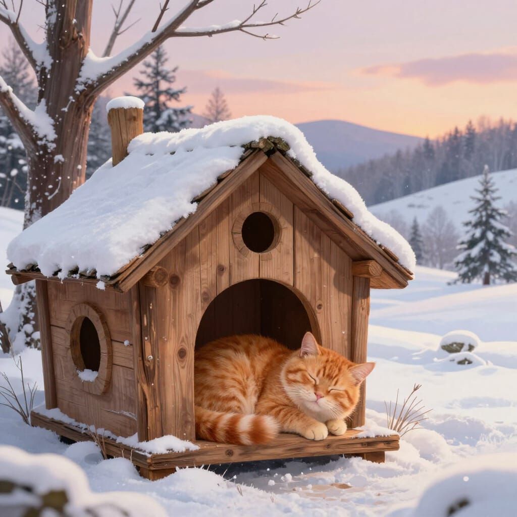 Cozy Ginger Cat Sleeps in Winter Wonderland Illustration