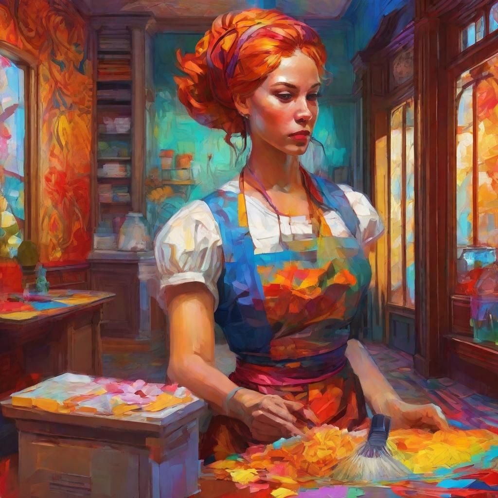 Fauvist Maid Mopping Floor in Vivid Colors