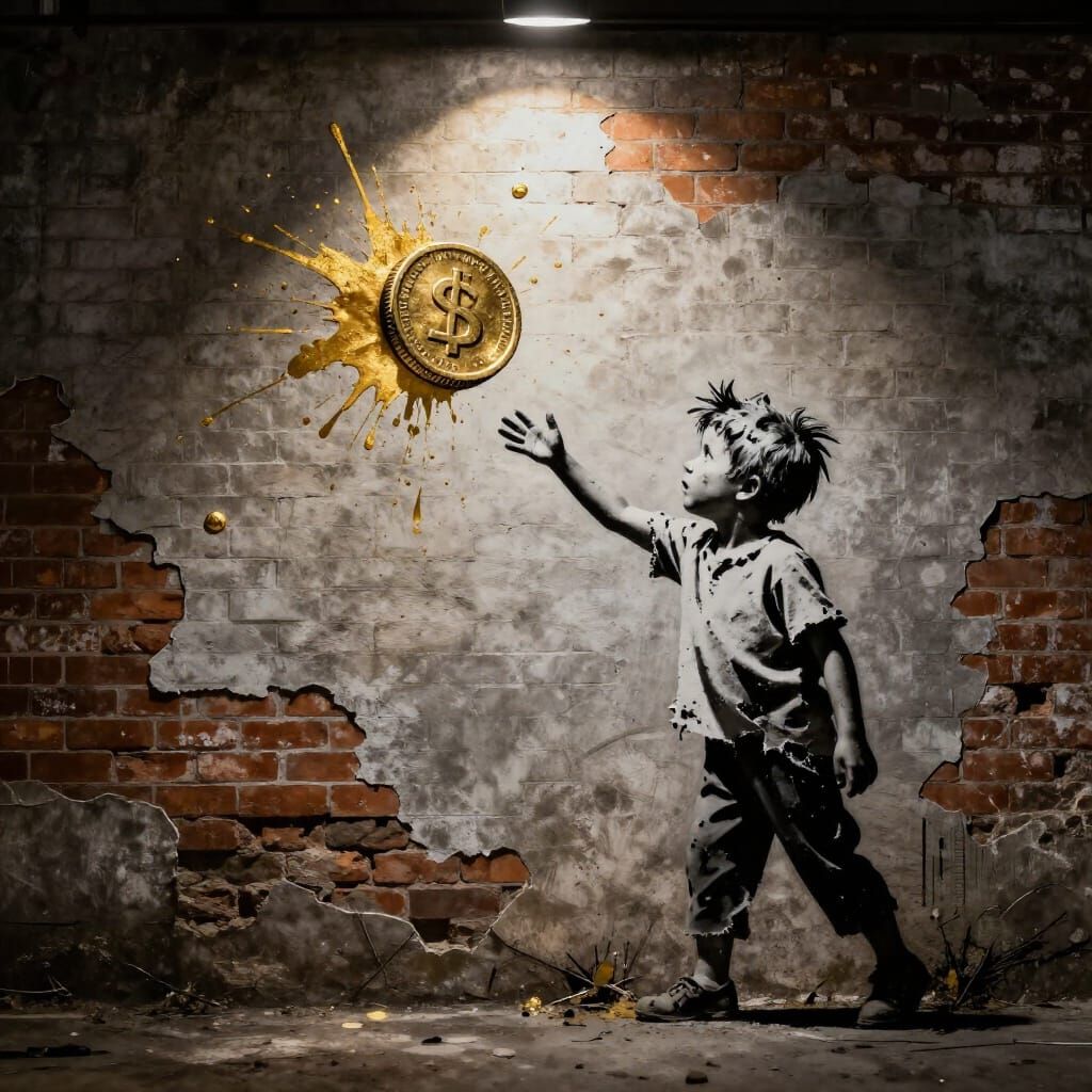 Child Reaching for Gold Coin in Banksy Stencil Style